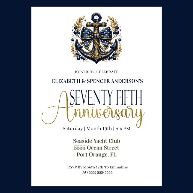 Blue Gold Nautical Anchor 75th Wedding Anniversary Invitation (Navy and gold nautical anchor 75th wedding invitation for girl seaside yacht club theme
)