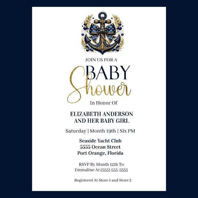 Blue Gold Nautical Anchor Boy Baby Shower Invitation (Navy and gold nautical anchor baby shower invitation for girl seaside yacht club theme
)