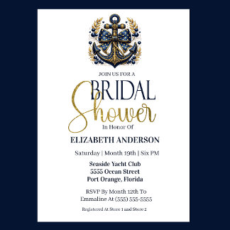 Blue Gold Nautical Anchor Bridal Shower Shower Invitation