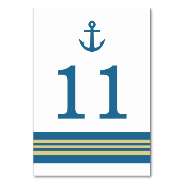 Blue Gold Nautical Anchor Table Card (Front)