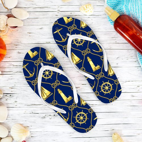 Blue Gold Nautical Flip Flops