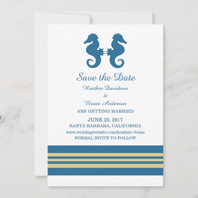 Blue Gold Nautical Seahorse Save the Date Invite (Front)