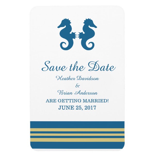Blue Gold Nautical Seahorse Save the Date Magnet (Vertical)