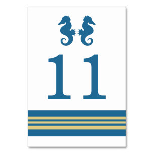 Blue Gold Nautical Seahorse Table Card