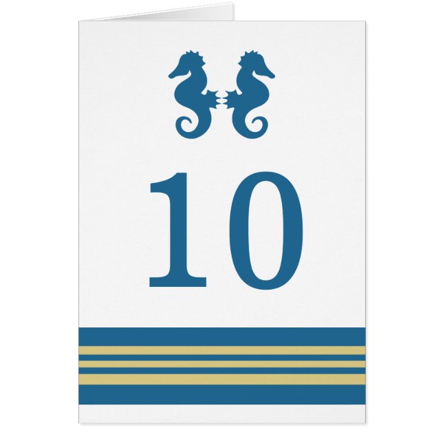 Blue Gold Nautical Seahorse Table Number Card (Front)