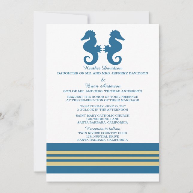 Blue Gold Nautical Seahorse Wedding Invite (Front)