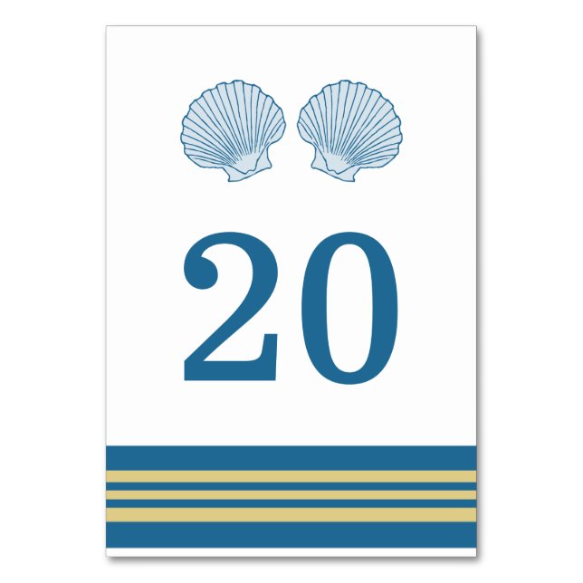 Blue Gold Nautical Seashells Table Card (Front)