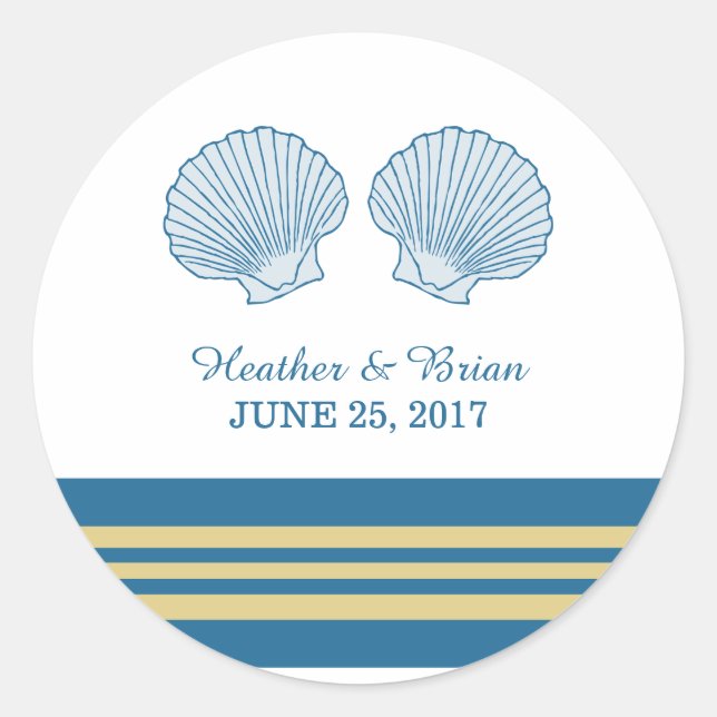 Blue Gold Nautical Seashells Wedding Stickers (Front)