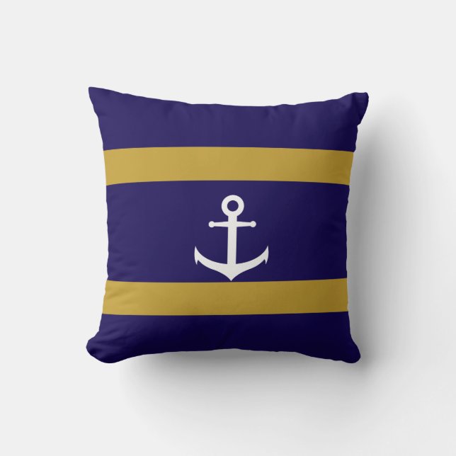 Blue & Gold Nautical Striped Throw Cushion (Front)