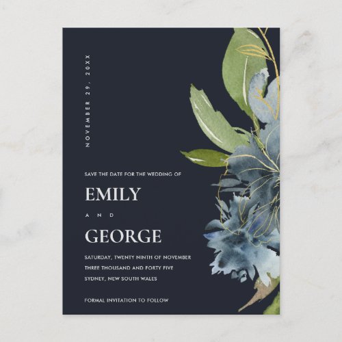 BLUE GOLD NAVY FLORAL WATERCOLOR SAVE THE DATE ANNOUNCEMENT POSTCARD
