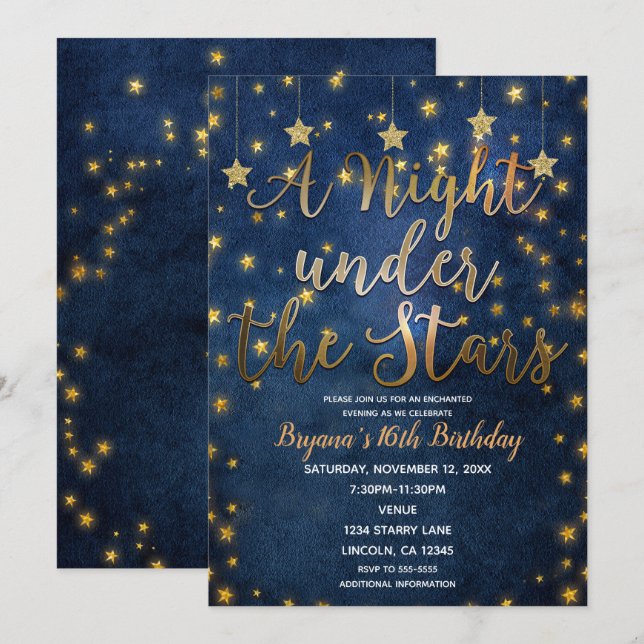 Blue & Gold Night Under the Stars Celestial Sky Invitation (Front/Back)