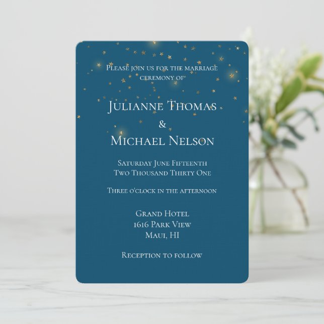Blue Gold Night Under the Stars Wedding Invitation (Standing Front)