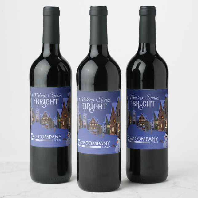 Blue, Gold Nighttime Christmas Old Town Wine Label (Bottles)