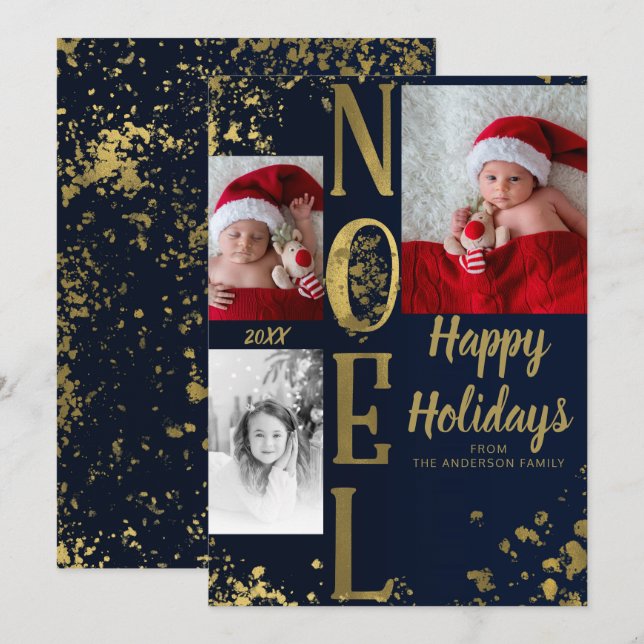 Blue & Gold NOEL Holiday Splatter Photo Invitation (Front/Back)