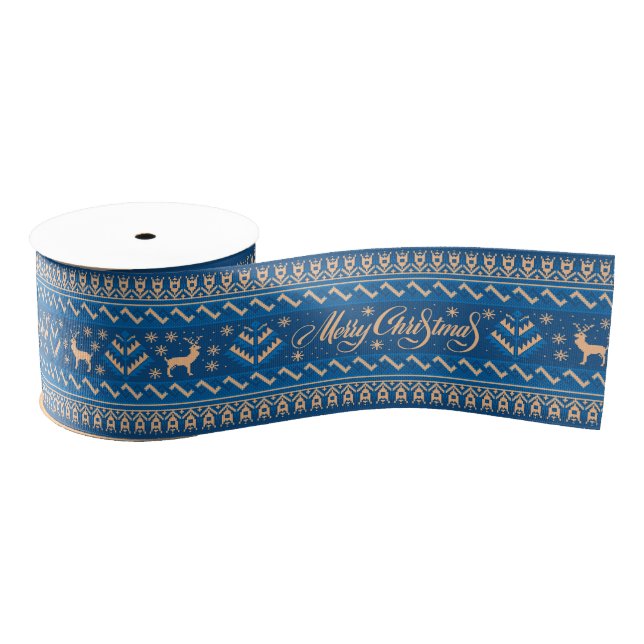 Blue Gold Nordic Script Christmas Ribbon (Spool)