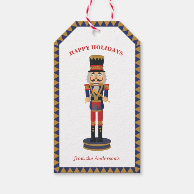 Blue Gold Nutcracker Drummer Christmas Gift Tag (Front)