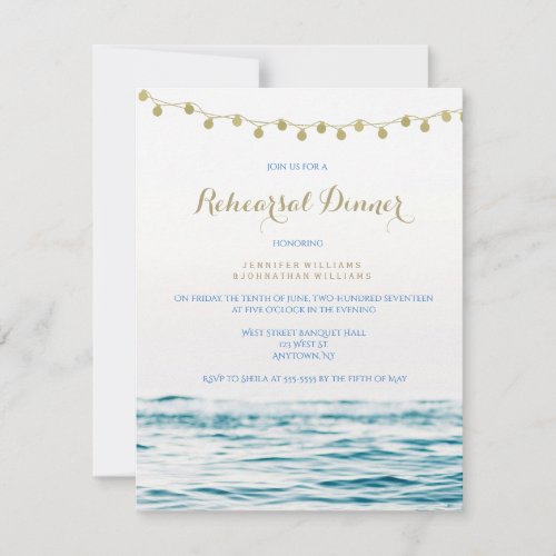 BlueGold ocean lights rehearsal dinner invitation