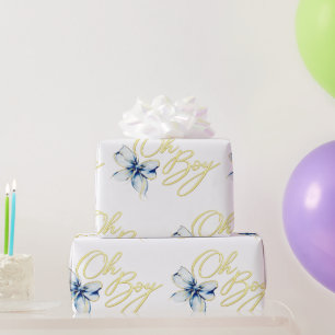 Blue & Gold “Oh Boy” Gold Typography Baby Shower Wrapping Paper