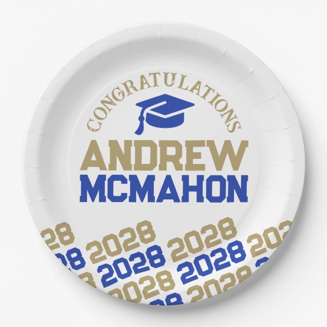 Blue & Gold on White Half Repeat Grad Personalized Paper Plates (Front)