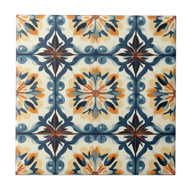 Blue Gold Orange and Brown Pattern Ceramic Tile (Front)