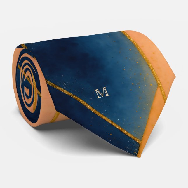 Blue Gold Orange Geometric  Pattern Monogram Neck Tie (Rolled)