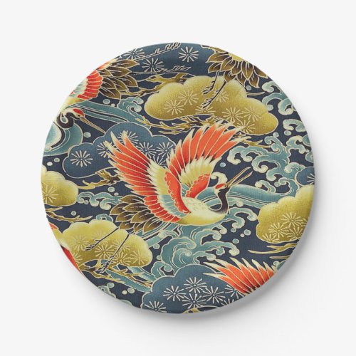 Blue Gold Orange Japanese Kimono Bird Crane Paper Plates