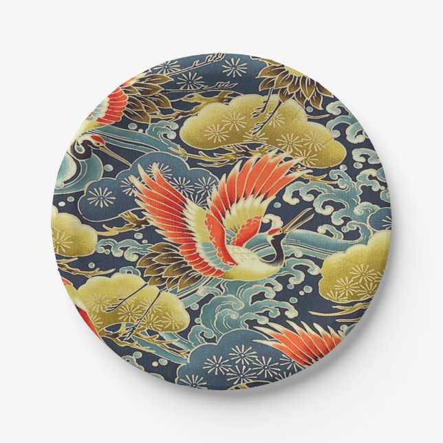 Blue Gold Orange Japanese Kimono Bird Crane Paper Plates (Front)
