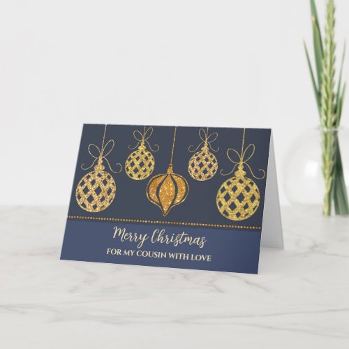 Blue Gold Ornaments Cousin Merry Christmas Card