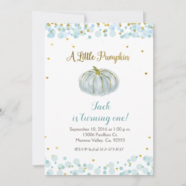 Blue Gold Our Pumpkin is turning one Invitation (Front)