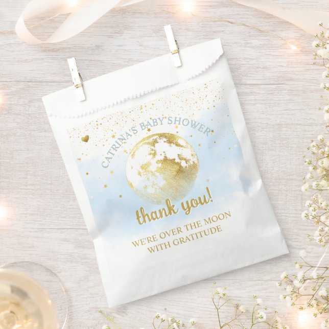 Blue Gold Over the Moon and Stars Baby Shower Favor Bag (Clipped)