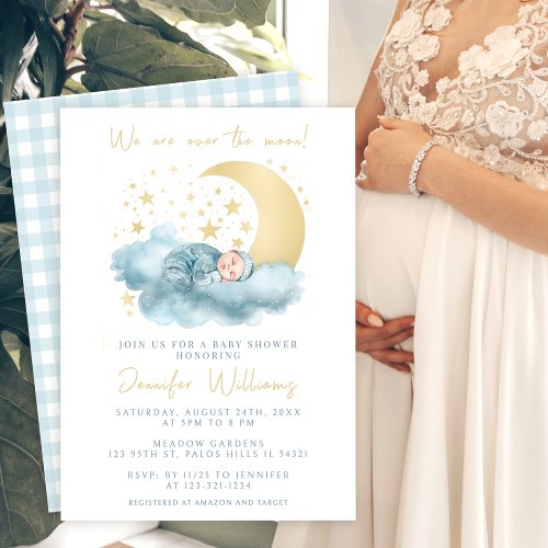 Blue gold over the moon baby boy shower Invitation