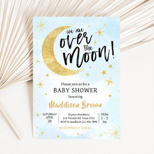 Blue Gold Over The Moon Baby Shower Invitation