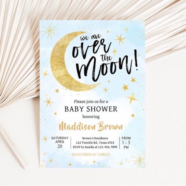 Blue Gold Over The Moon Baby Shower  Invitation (Moon and Stars Baby Shower Invitation)