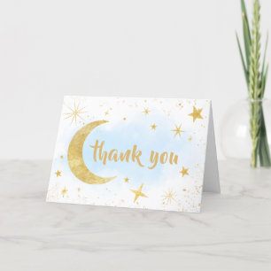 Blue Gold Over The Moon Baby Shower  Letterpress Thank You Card