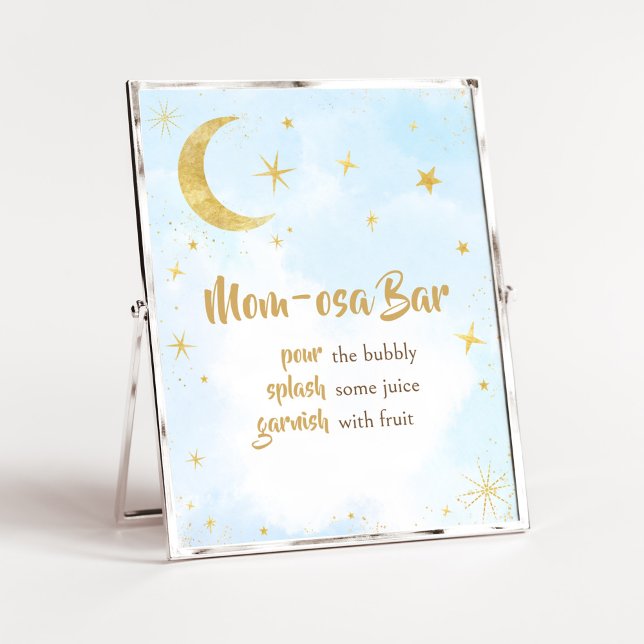Blue Gold Over The Moon Baby Shower Mom Osa Bar Poster (Moon and Stars Baby Shower Mom Osa Bar Sign)