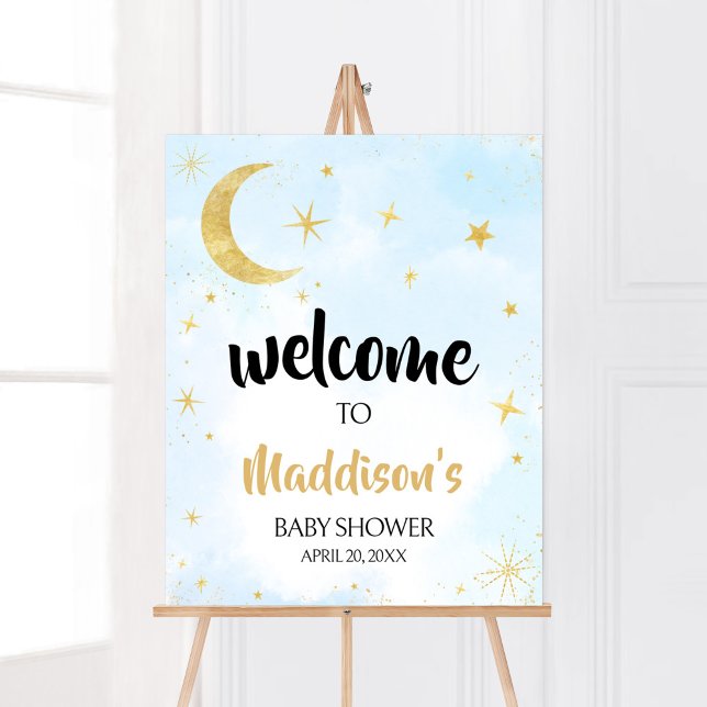 Blue Gold Over The Moon Baby Shower Welcome Poster (Moon and Stars Baby Shower Welcome Sign)
