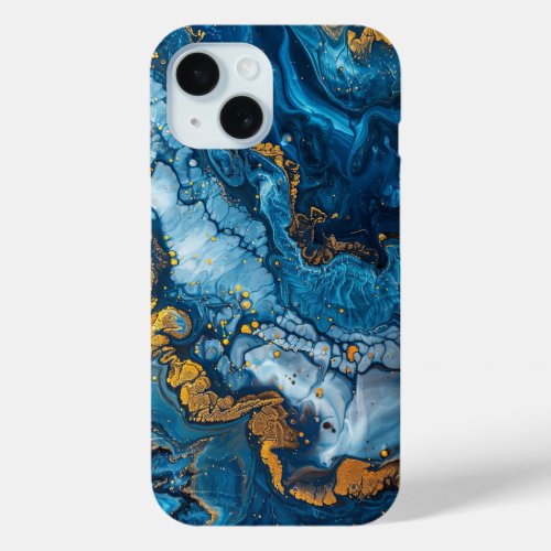 Blue Gold Paint Pour Abstract Liquid Aesthetic iPhone 15 Case