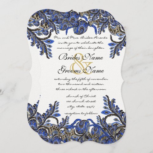Blue  Gold Paisley Damask Wedding Invite