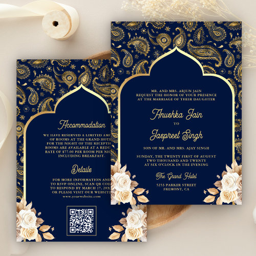 Blue Gold Paisley Floral QR Code Indian Wedding Invitation