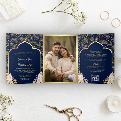 Blue Gold Paisley Floral QR Code Indian Wedding Tri_Fold Invitation
