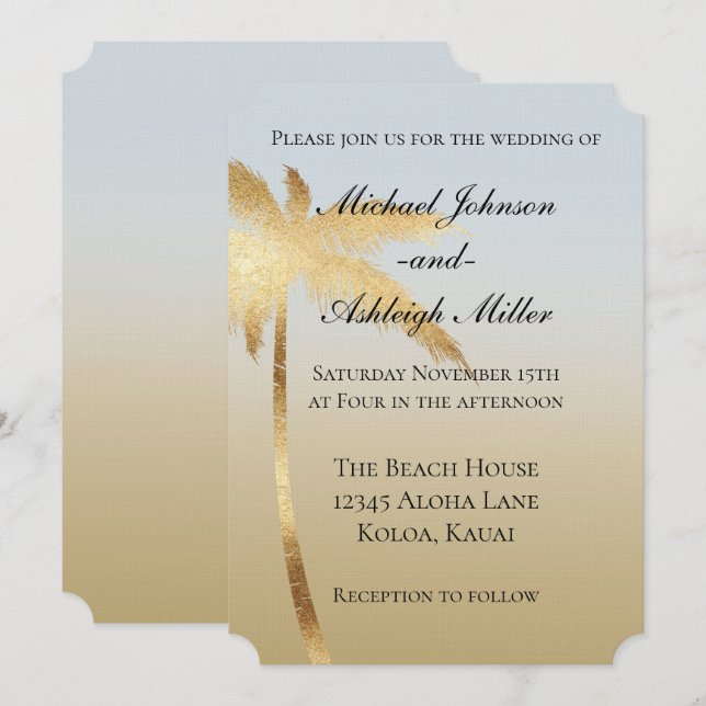 Blue Gold Palm Tree Ombre Wedding Invitation (Front/Back)