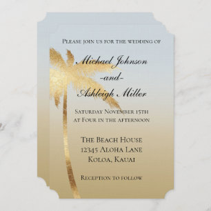 Blue Gold Palm Tree Ombre Wedding Invitation