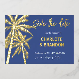Blue Gold Palm Trees Beach Wedding Save The Date Foil Invitation