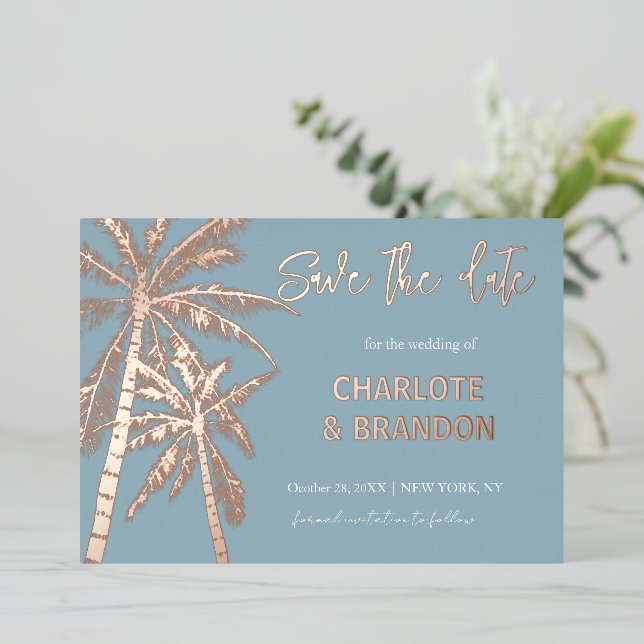 Blue Gold Palm Trees Beach Wedding Save The Date Foil Invitation (Standing Front)