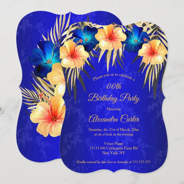 Blue Gold Palms Hibiscus Damask Birthday party Invitation (Front/Back)