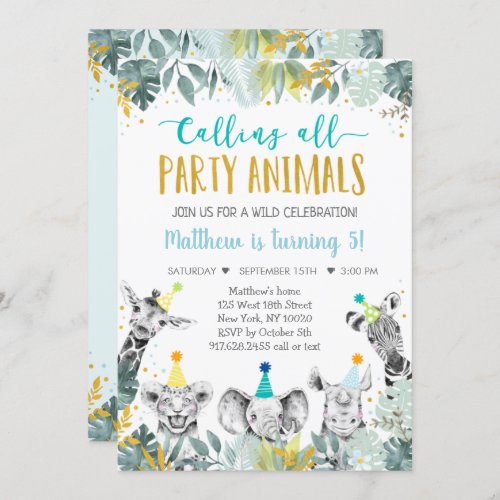 Blue Gold Party Animal Safari Birthday Invitation