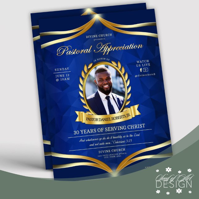 Blue Gold Pastoral Appreciation Church Service Flyer (Creator Uploaded)