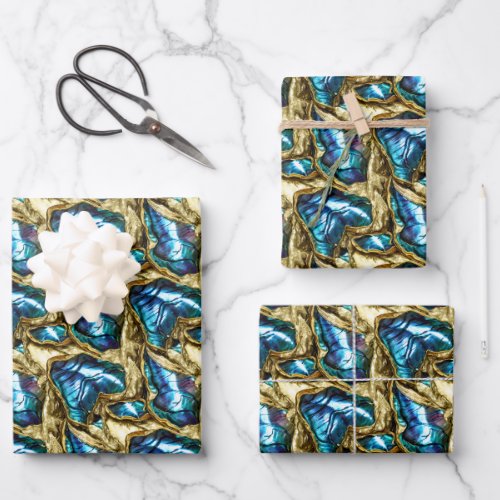 Blue gold paua shell pattern shimmer shells wrapping paper sheets