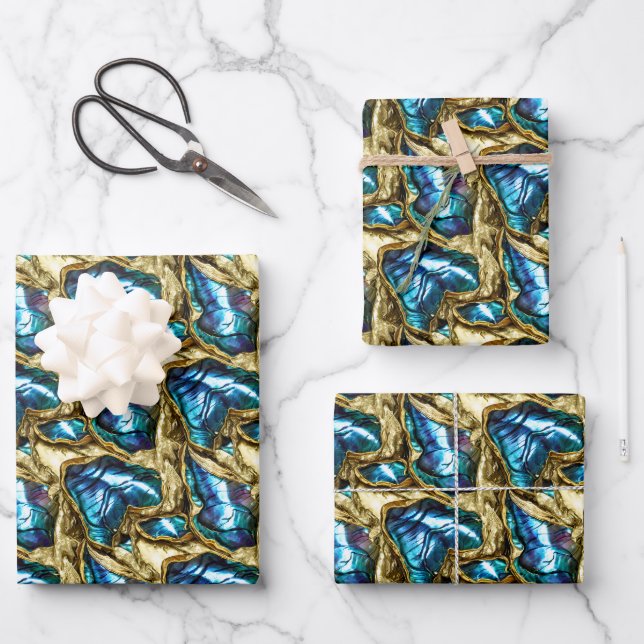 Blue gold paua shell pattern shimmer shells wrapping paper sheets (Front)