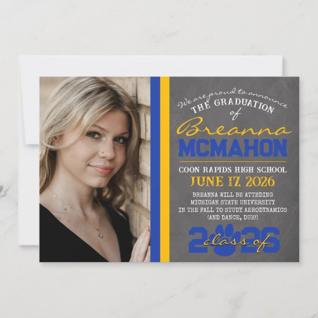 Blue & Gold Paw Print Graduation Announcement (Front)